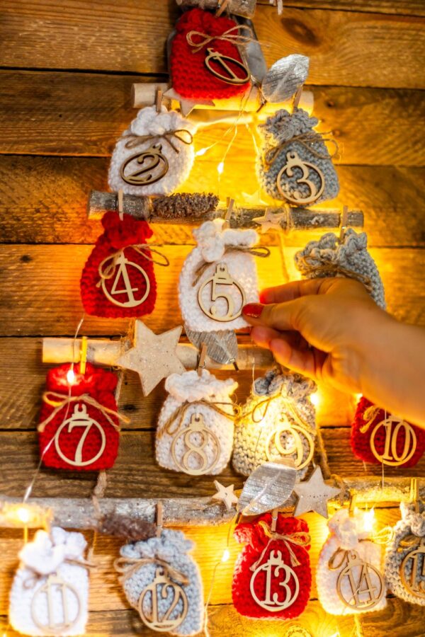 crochet advent calendar kit light up tree red silver white