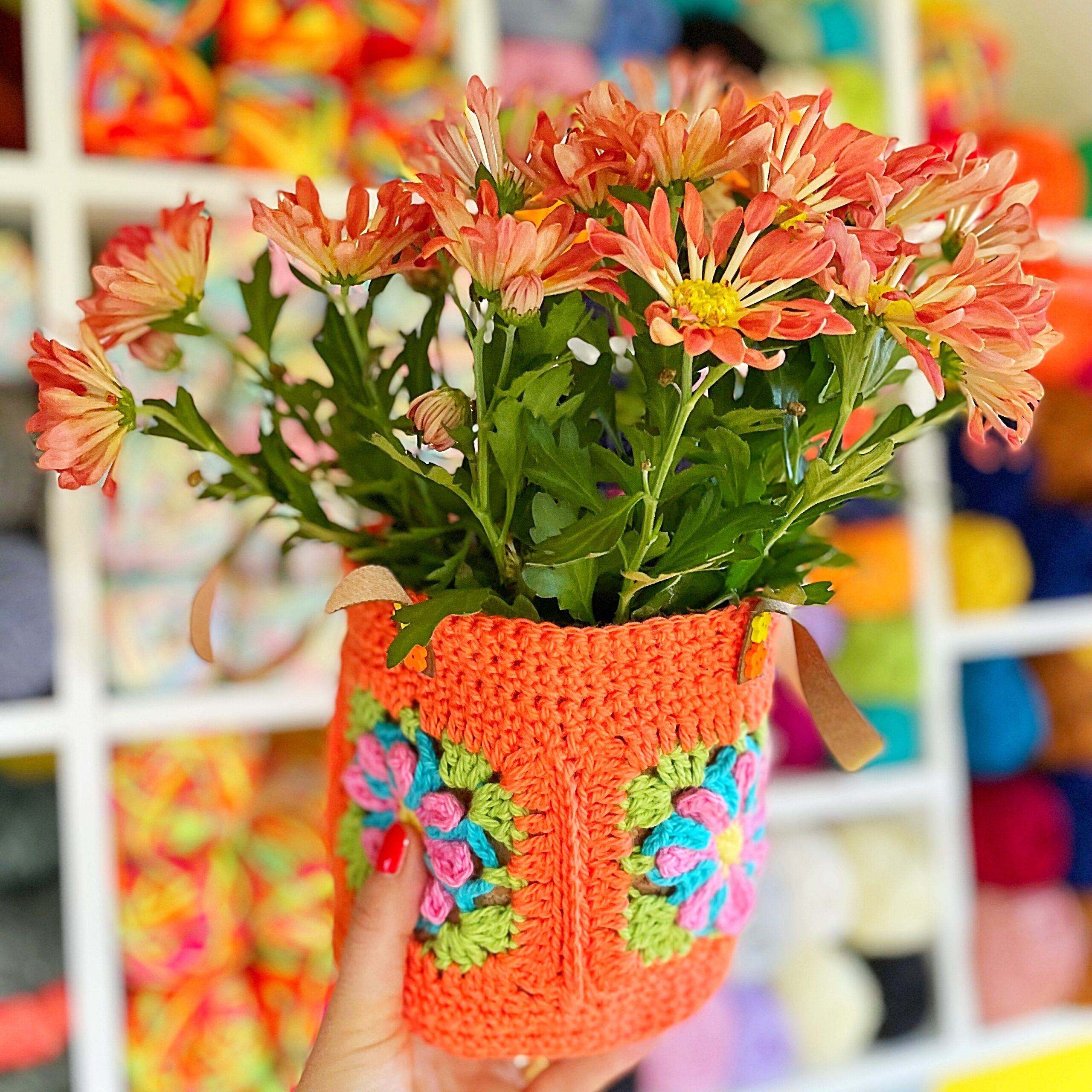 granny square flower basket crochet kit