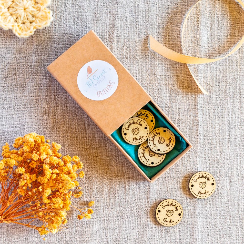 personalised wooden crochet buttons tags for crafters – 25mm crocheted by...(yarn heart and hook)