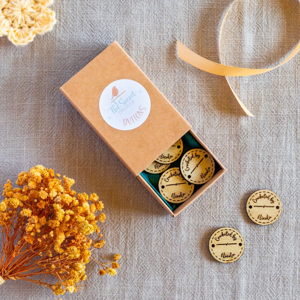 personalised wooden crochet buttons tags for crafters – 25mm crocheted by...(straight hook through middle)
