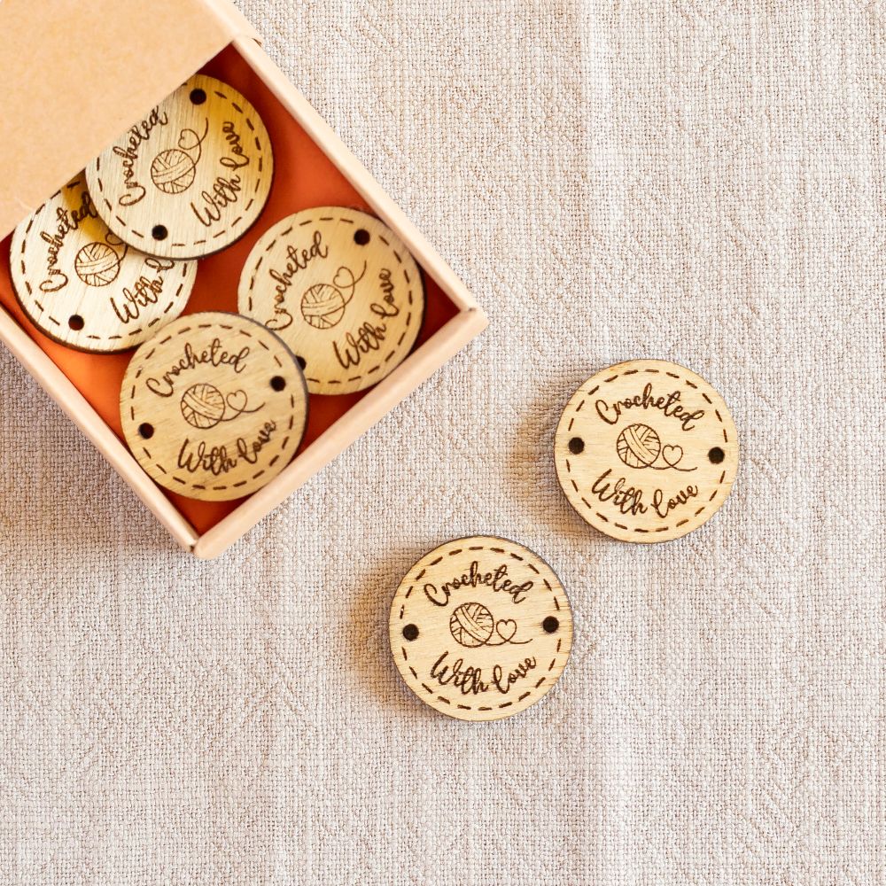 personalised wooden crochet buttons tags for crafters – 25mm crocheted with love (ball of yarn)