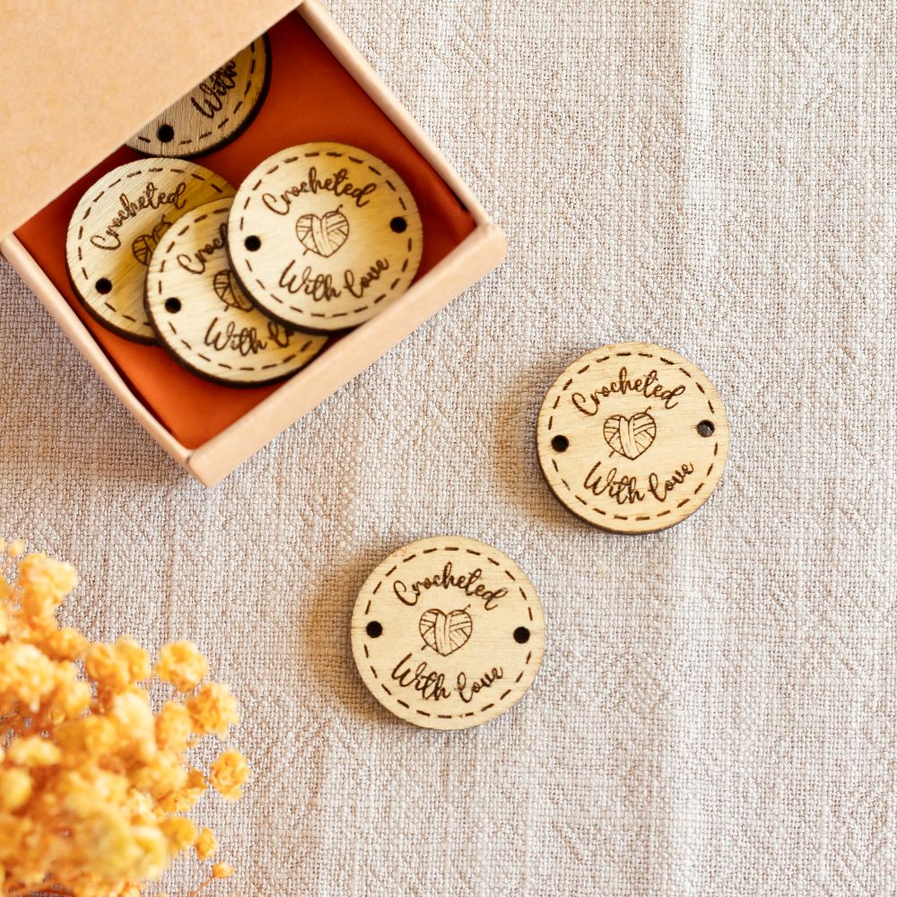 personalised wooden crochet buttons tags for crafters – 25mm crocheted with love (yarn heart & hook)