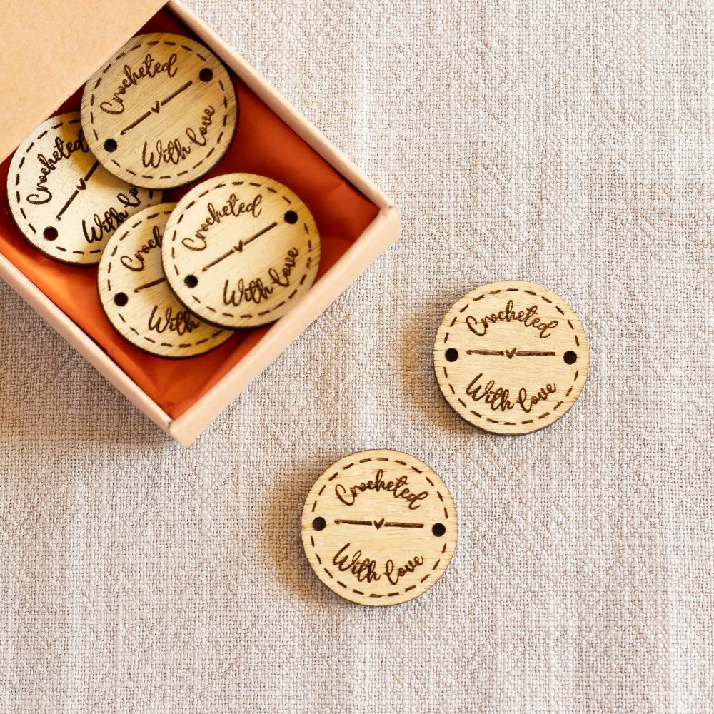 personalised wooden crochet buttons tags for crafters – 25mm crocheted with love (straight hook through middle)