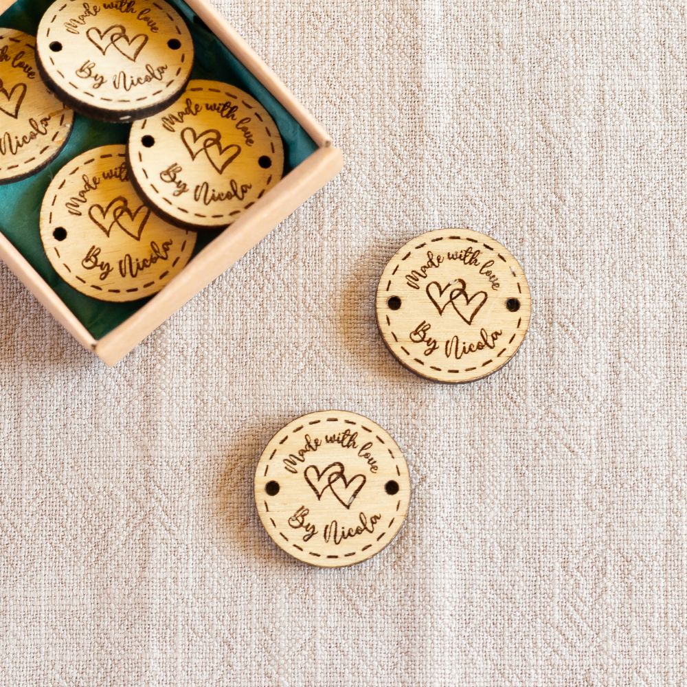 personalised wooden crochet buttons tags for crafters – 25mm made with love by...(two hearts)