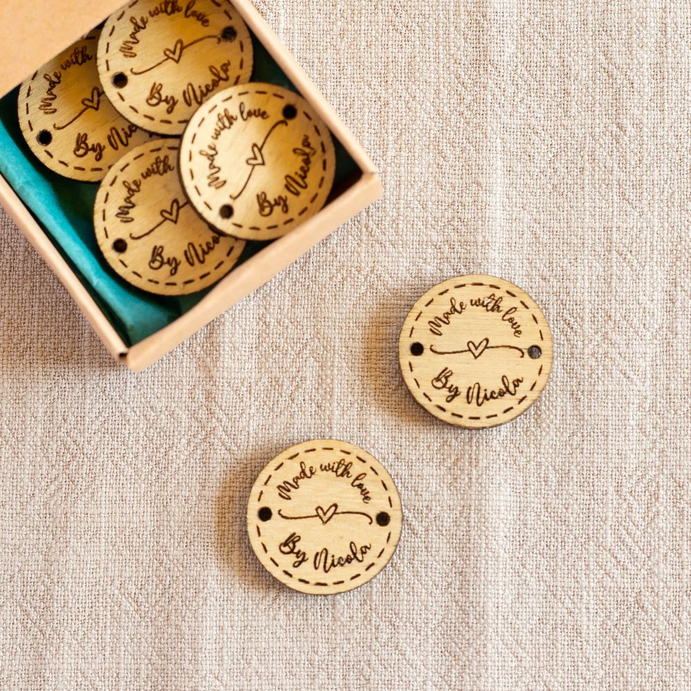 personalised wooden crochet buttons tags for crafters – 25mm made with love by...(one heart on swirl)