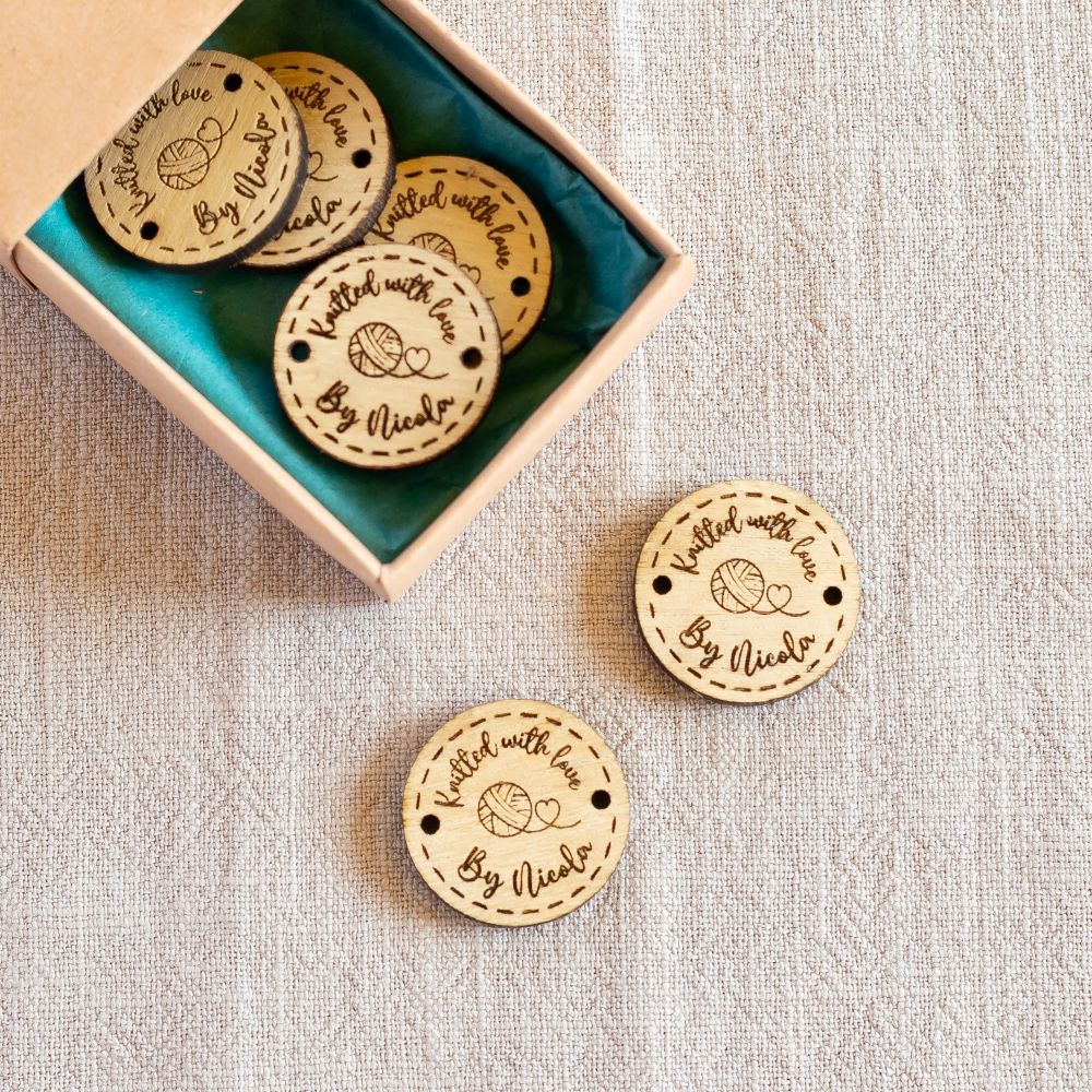 personalised wooden crochet buttons tags for crafters – 25mm knitted with love by...(ball of yarn)