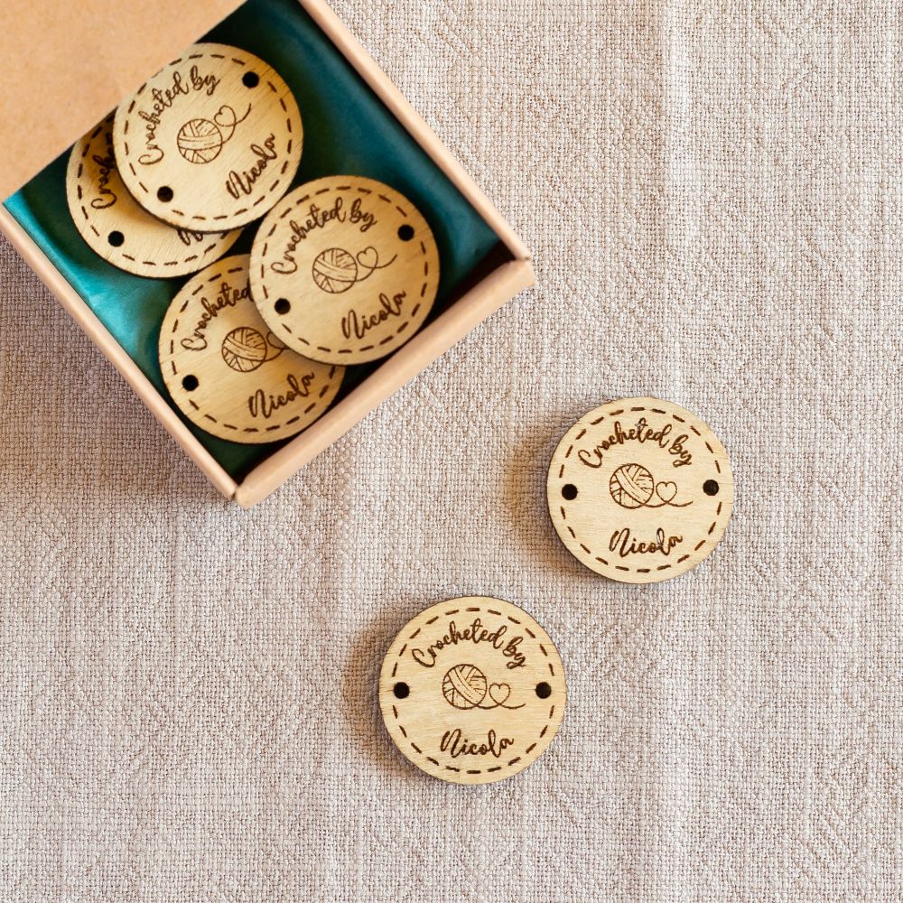 personalised wooden crochet buttons tags for crafters – 25mm crocheted by...(ball of yarn)