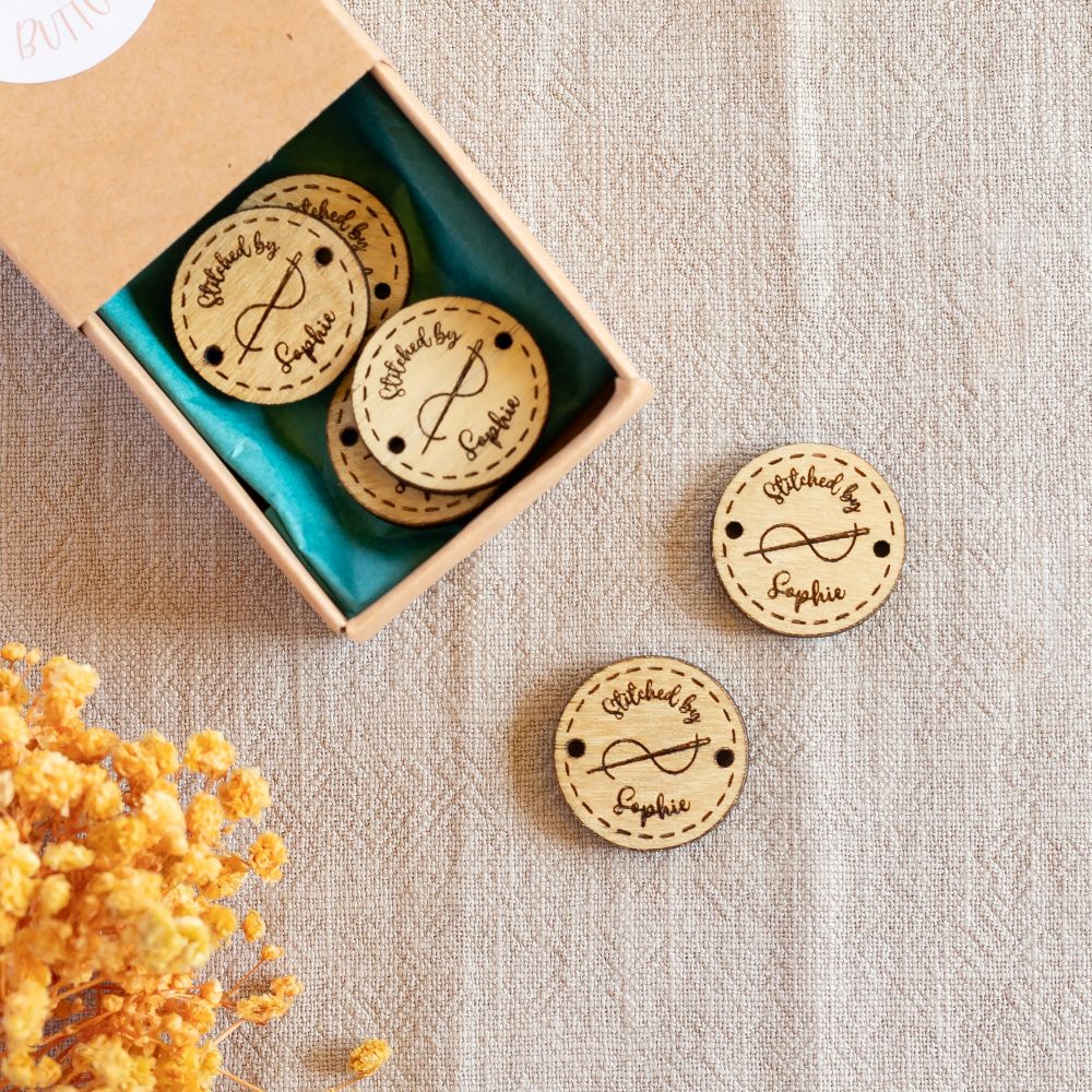 personalised wooden crochet buttons tags for crafters – 25mm stitched by...(needle & thread)