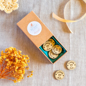 personalised wooden buttons – “crocheted by” & more – 25mm