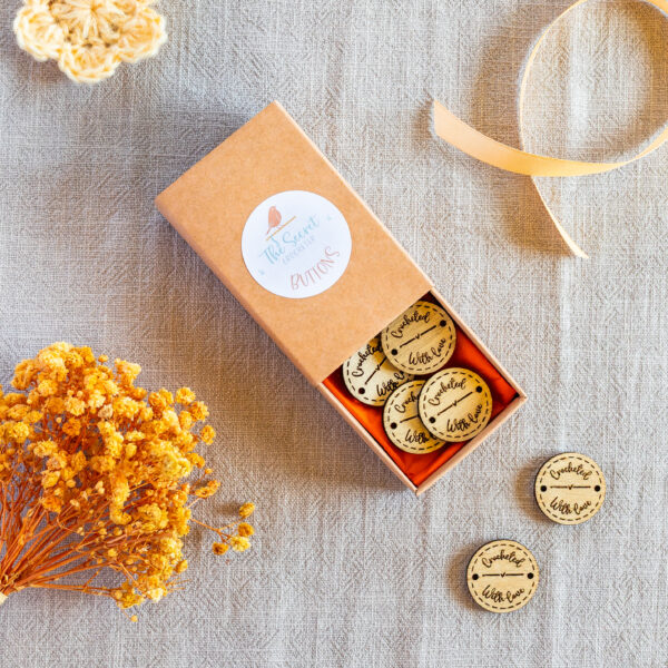 personalised wooden buttons – “crocheted by” & more – 25mm