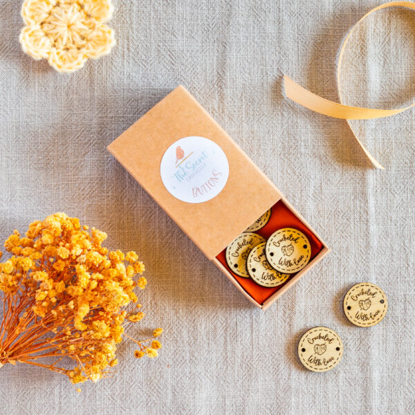 personalised wooden buttons – “crocheted by” & more – 25mm