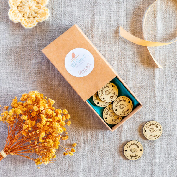 personalised wooden buttons – “crocheted by” & more – 25mm