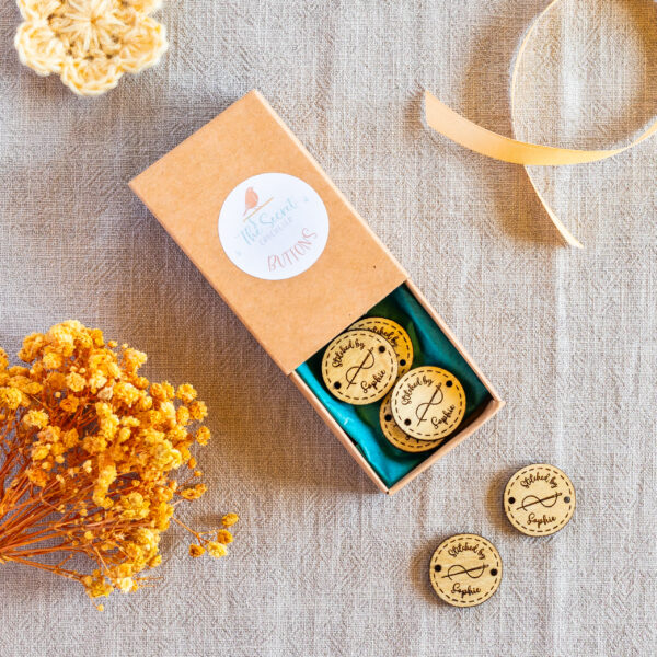 personalised wooden buttons – “crocheted by” & more – 25mm