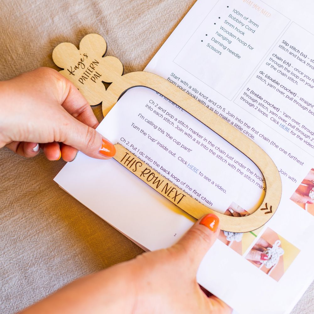 personalised crochet pattern holder – wooden pattern pal