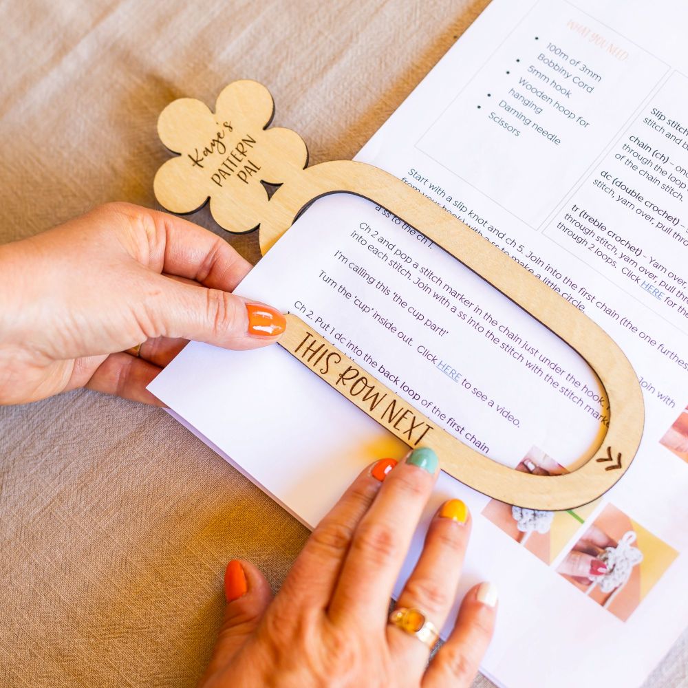 personalised crochet pattern holder – wooden pattern pal