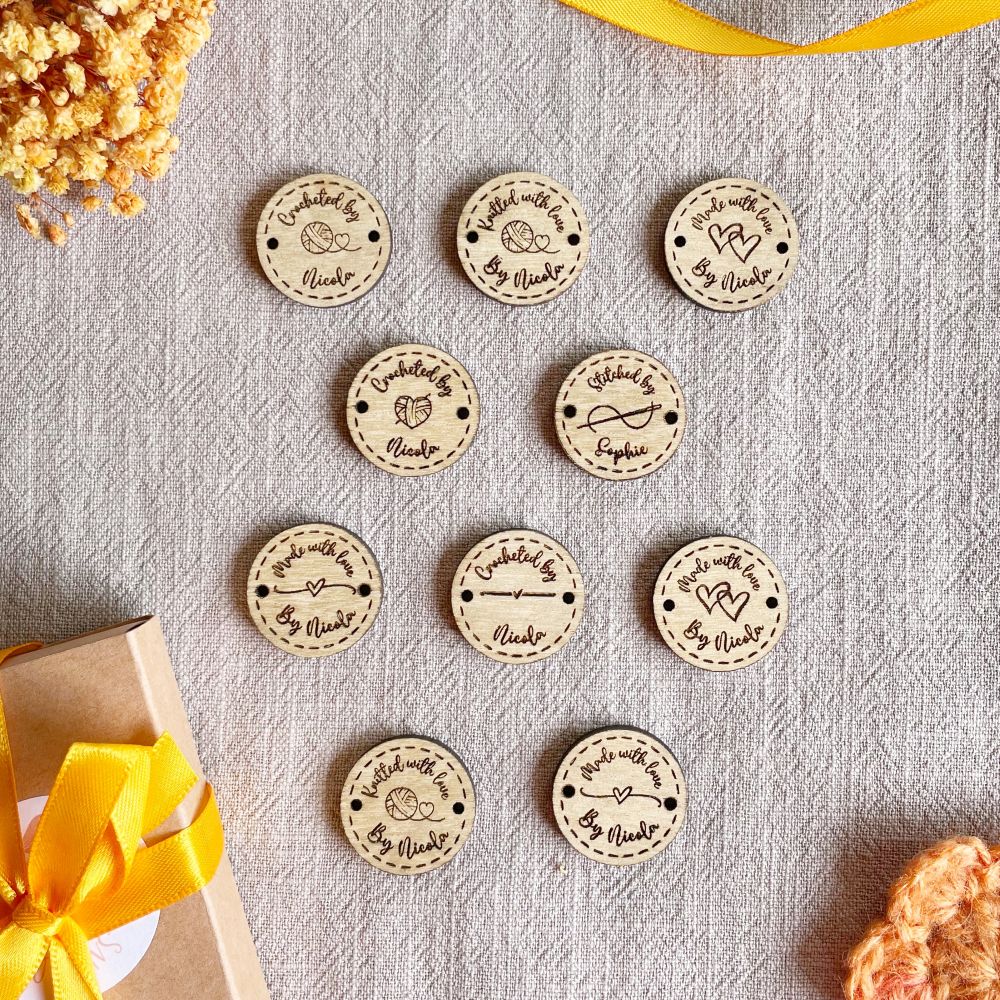 personalised wooden crochet buttons tags for crafters – 25mm the maker's mix (personalised)