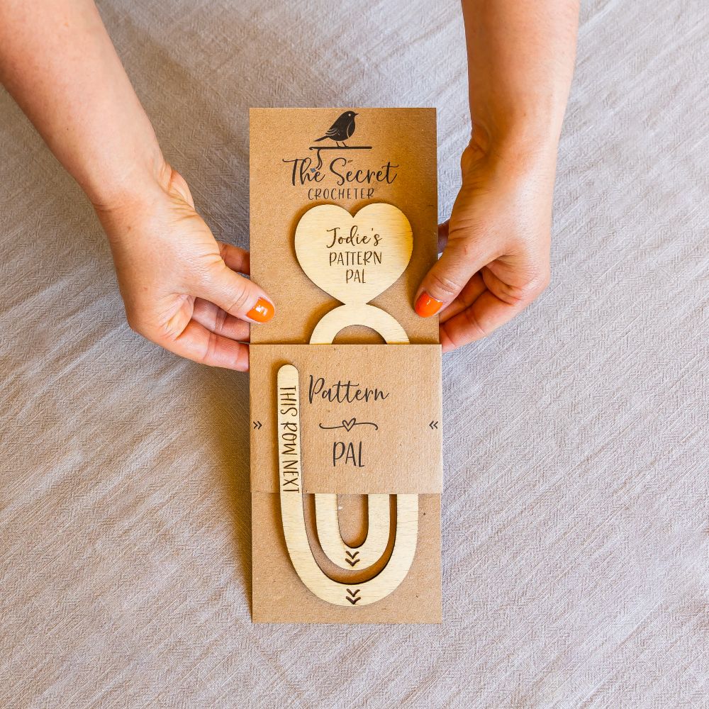 personalised crochet pattern holder – wooden pattern pal