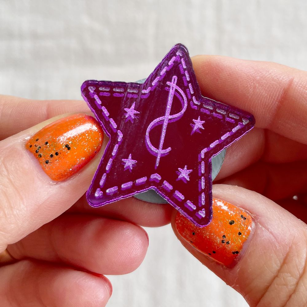 mirrored acrylic needle minder – magnetic stitching accessory (4cm) star purple