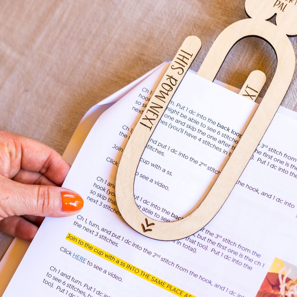 personalised crochet pattern holder – wooden pattern pal