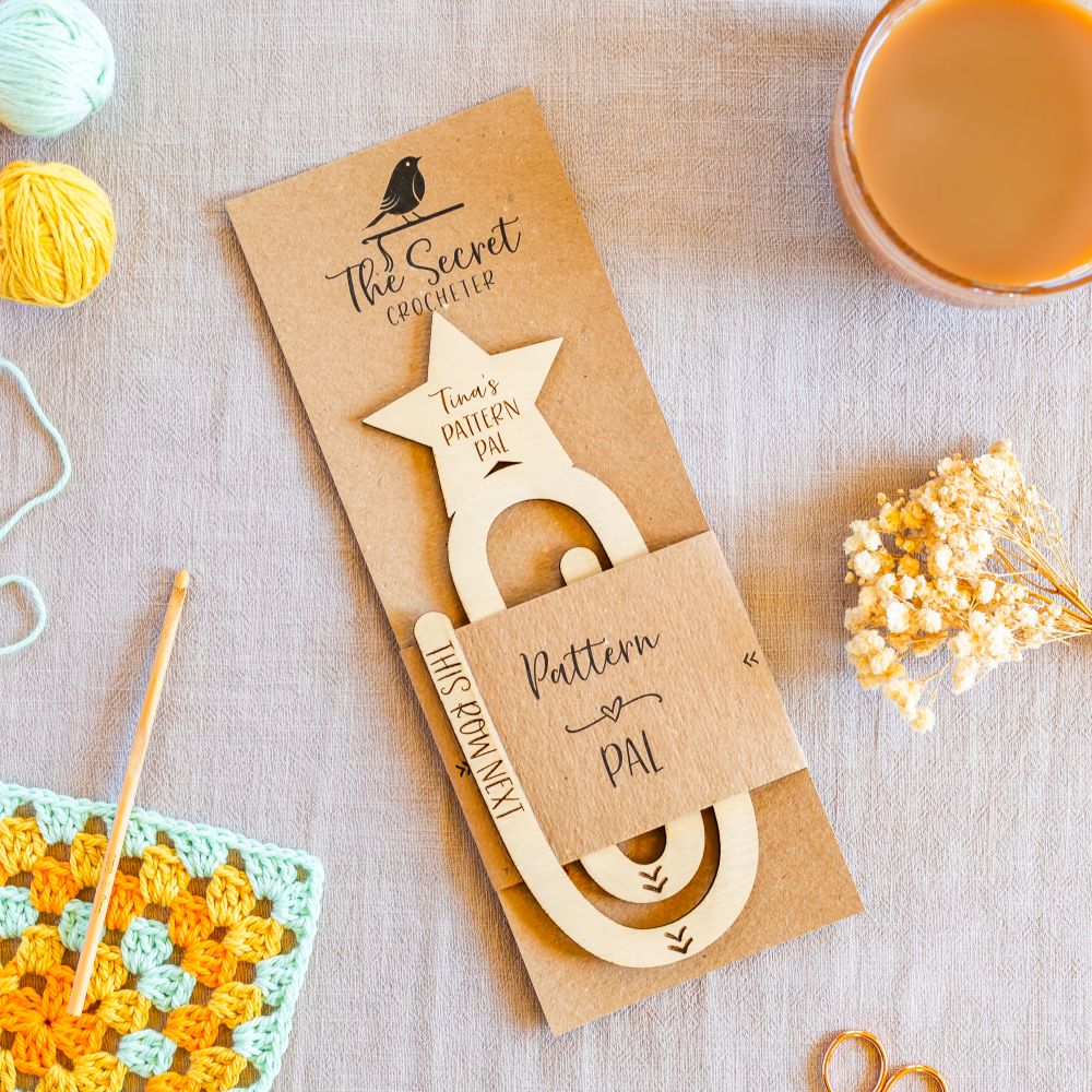 personalised crochet pattern holder – wooden pattern pal