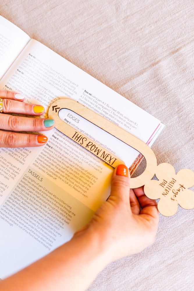 personalised crochet pattern holder – wooden pattern pal