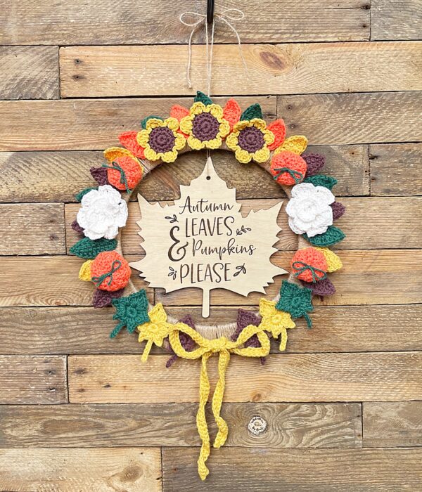 engraved autumn leaf plaque wreath crochet accessory