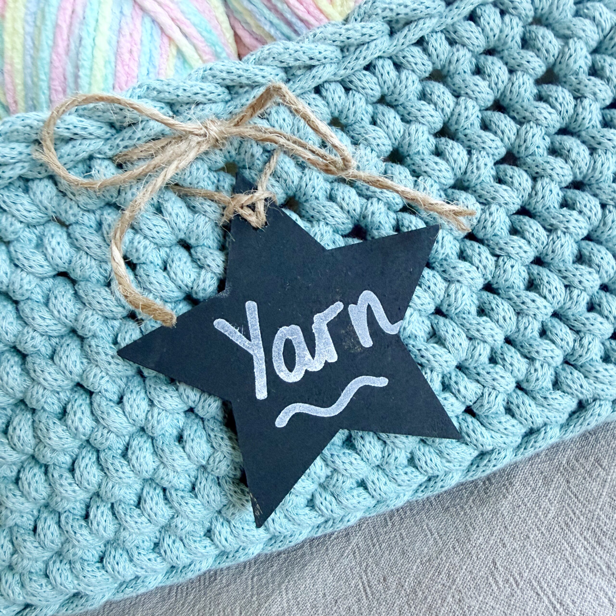 wooden chalkboard tags for crochet baskets and storage