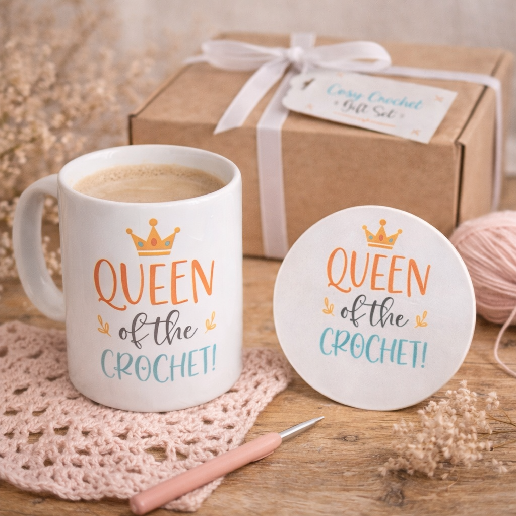 cosy crochet gift set with mug, coaster & biscuits