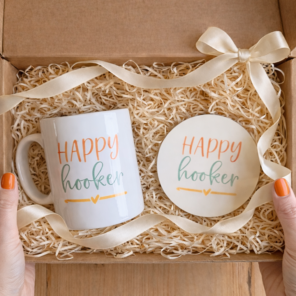 cosy crochet gift set with mug, coaster & biscuits