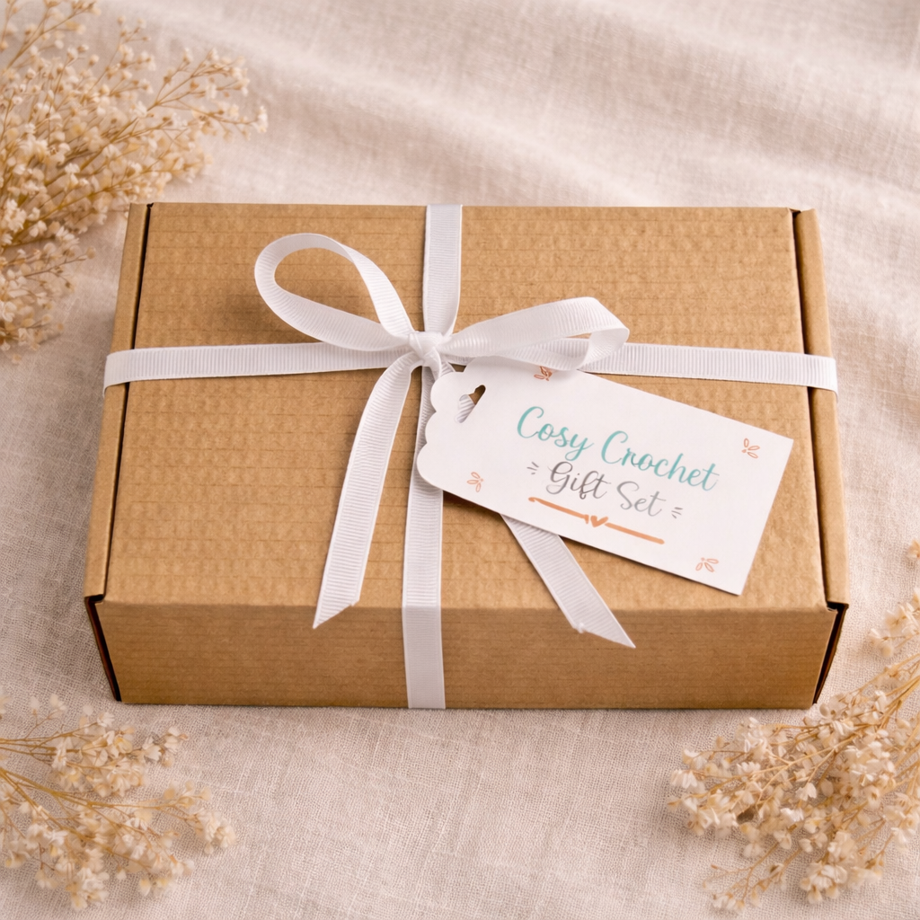 cosy crochet gift set with mug, coaster & biscuits