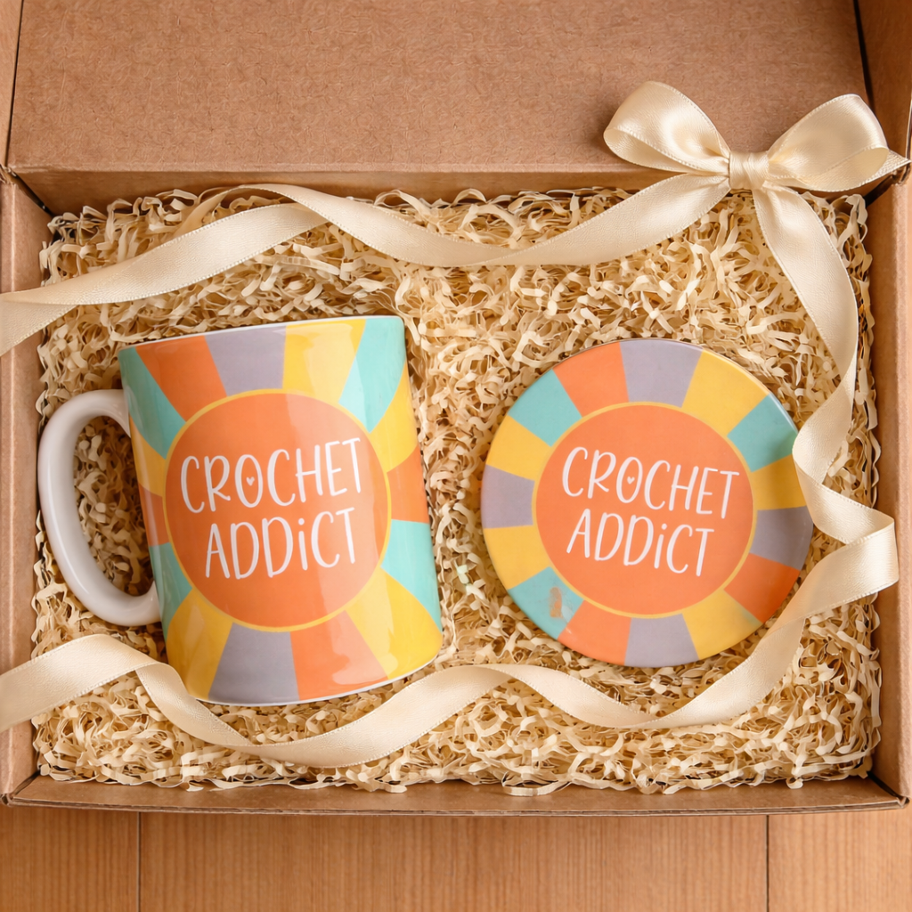 cosy crochet gift set with mug, coaster & biscuits