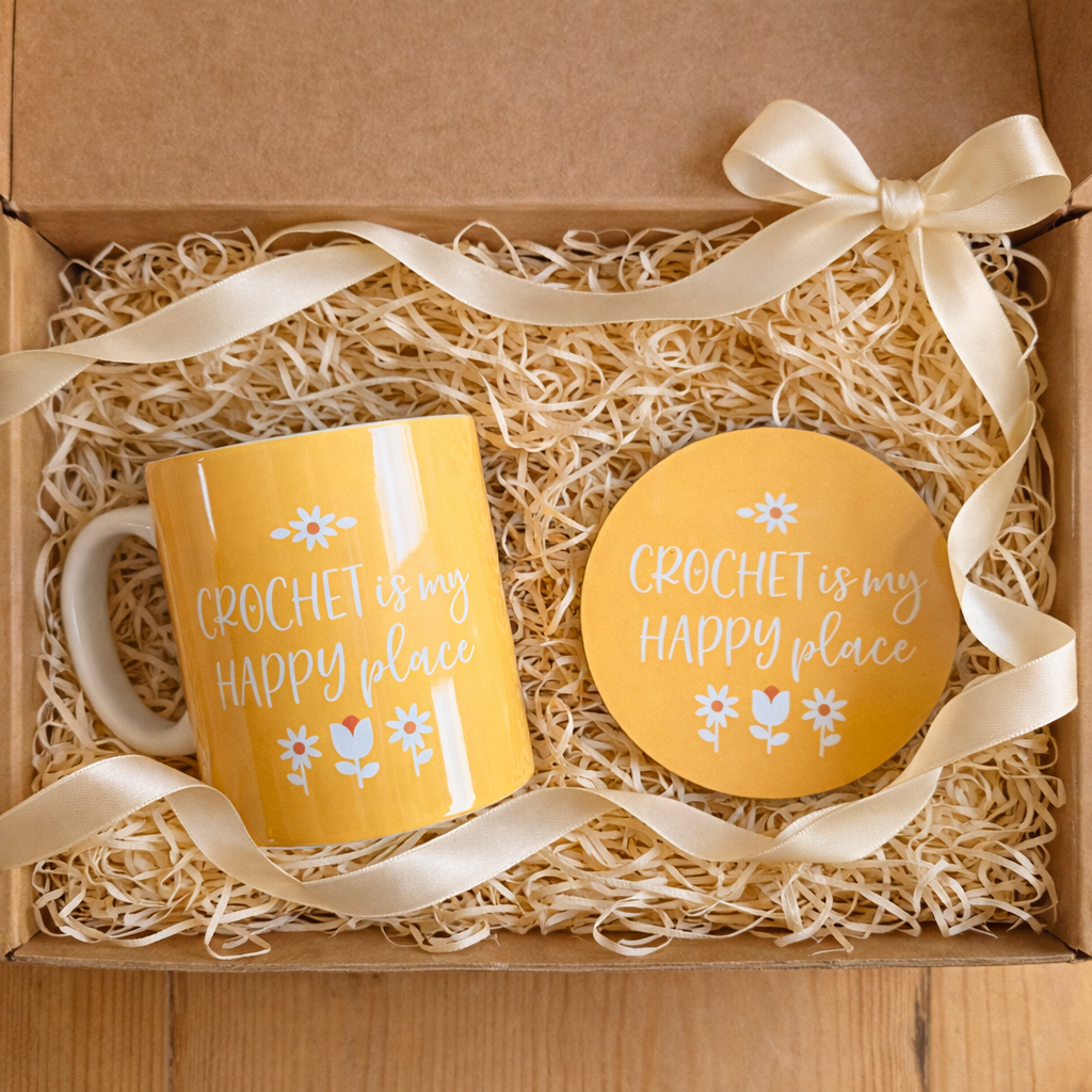 cosy crochet gift set with mug, coaster & biscuits