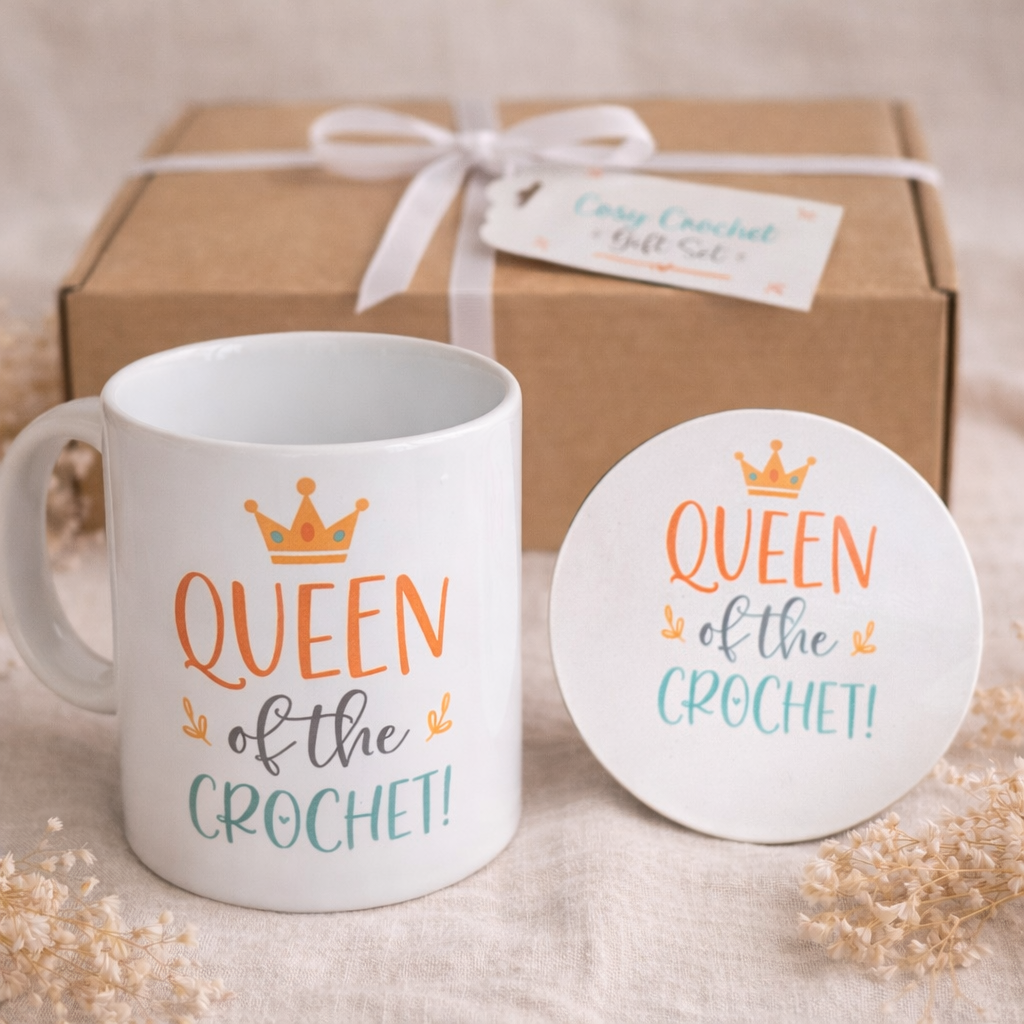 cosy crochet gift set with mug, coaster & biscuits