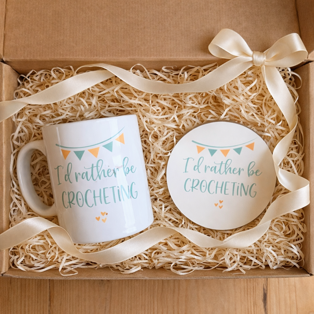 cosy crochet gift set with mug, coaster & biscuits