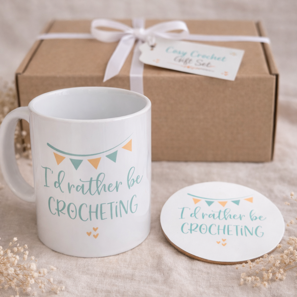 cosy crochet gift set with mug, coaster & biscuits