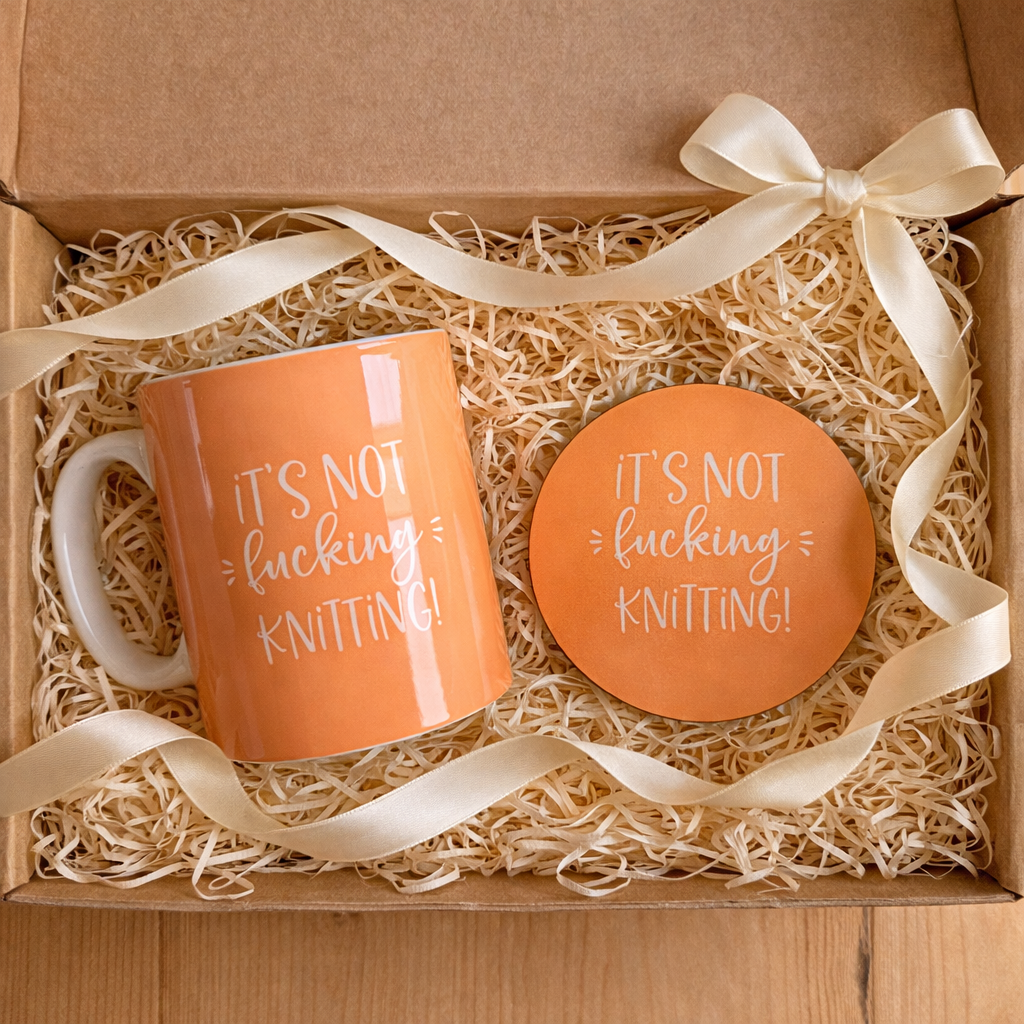 cosy crochet gift set with mug, coaster & biscuits