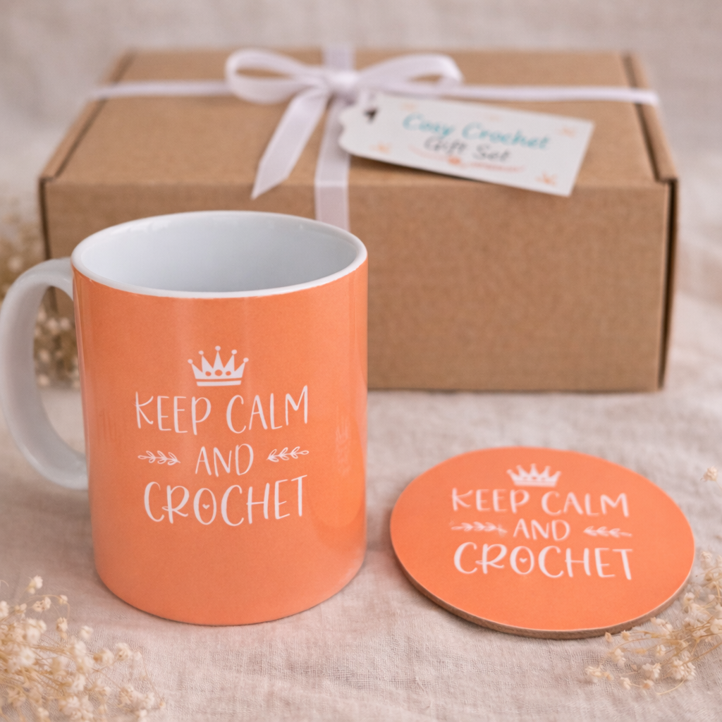 cosy crochet gift set with mug, coaster & biscuits
