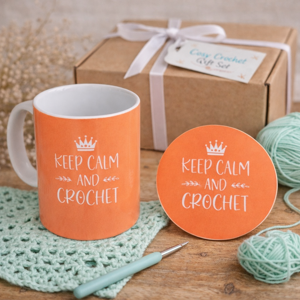 cosy crochet gift set with mug, coaster & biscuits