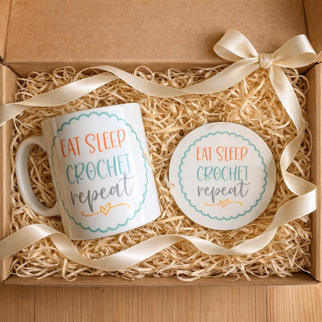 cosy crochet gift set with mug, coaster & biscuits