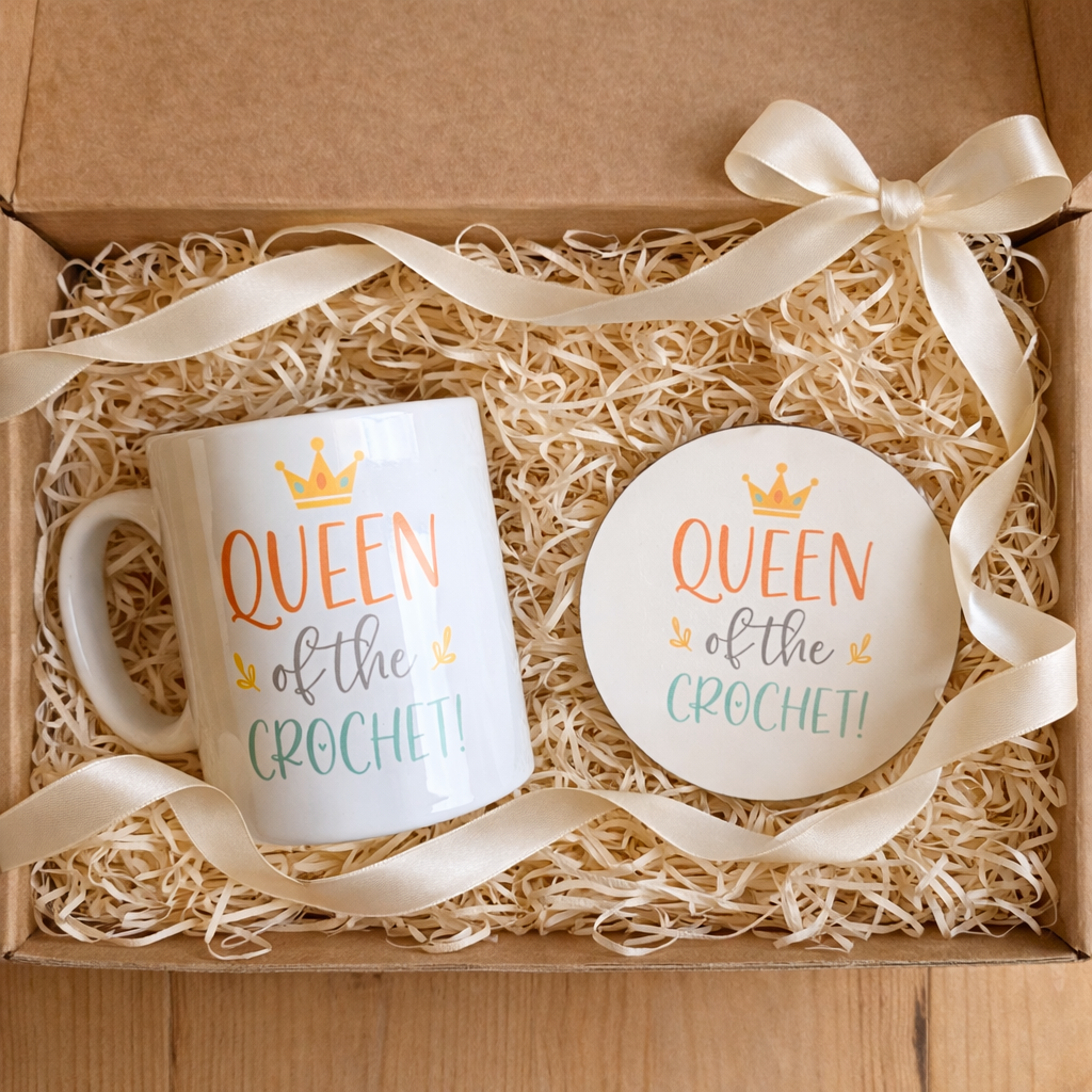 cosy crochet gift set with mug, coaster & biscuits