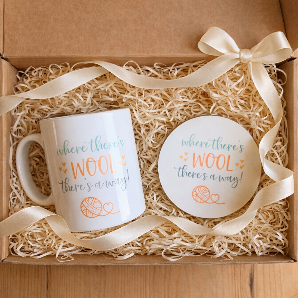 cosy crochet gift set with mug, coaster & biscuits