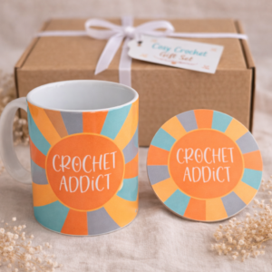 cosy crochet gift set with mug, coaster & biscuits